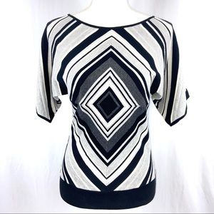 WHBM White Black Grey Silver Geometric Striped Short Batwing Sleeve Sweater